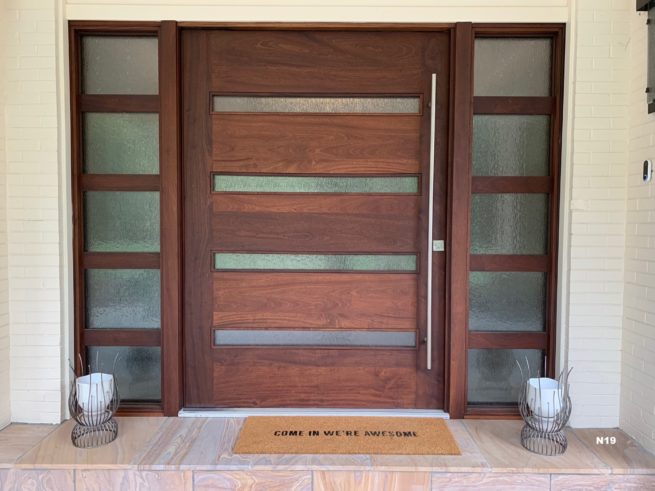 Ogden Pivot Door in Mahogany with Double Rain Glass Sidelights and our General Handle and Lockset Package