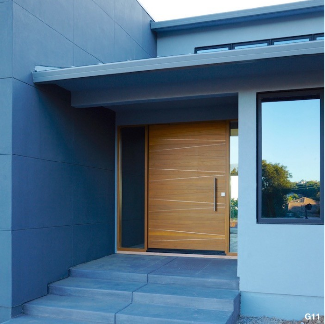 Robyn Pivot Door in Walnut, Aluminum in every 2 reveals, with Double Sidelights and our Handle & Lockset Package