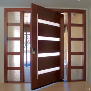 Ogden in Mahogany and Double Sidelights and Rain Glass Hardware is a 6ft Modern Pull bar, 1 Roller Latch, Door Stop and a Smart Deadbolt Ogden in Mahogany and Double Sidelights and Rain Glass Hardware is a 6ft Modern Pull bar, 1 Roller Latch, Door Stop and a Smart Deadbolt