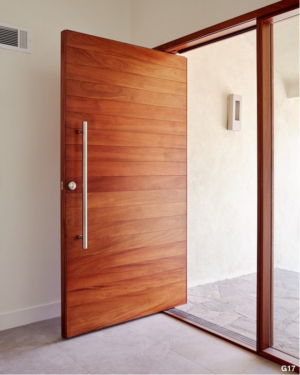 Dina in Mahogany with Left Sidelight and Round Emtek Brushed Stainless Steel Deadbolt & 3ft Brushed Stainless Steel Modern Pull Bar Dina in Mahogany with Left Sidelight and Round Emtek Brushed Stainless Steel Deadbolt & 3ft Brushed Stainless Steel Modern Pull Bar