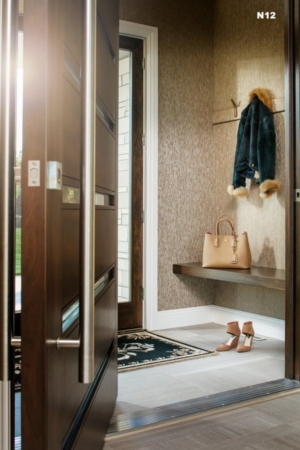 Brushed Stainless Steel Modern Pull Bar and Emtek Square Deadbolt on a Lassen Pivot Door in Mahogany Brushed Stainless Steel Modern Pull Bar and Emtek Square Deadbolt on a Lassen Pivot Door in Mahogany